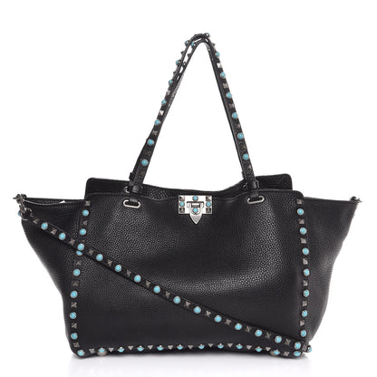 Valentino Garavani Grained Calfskin Turquoise Medium Rockstud Rolling Tote Black 1 of 13