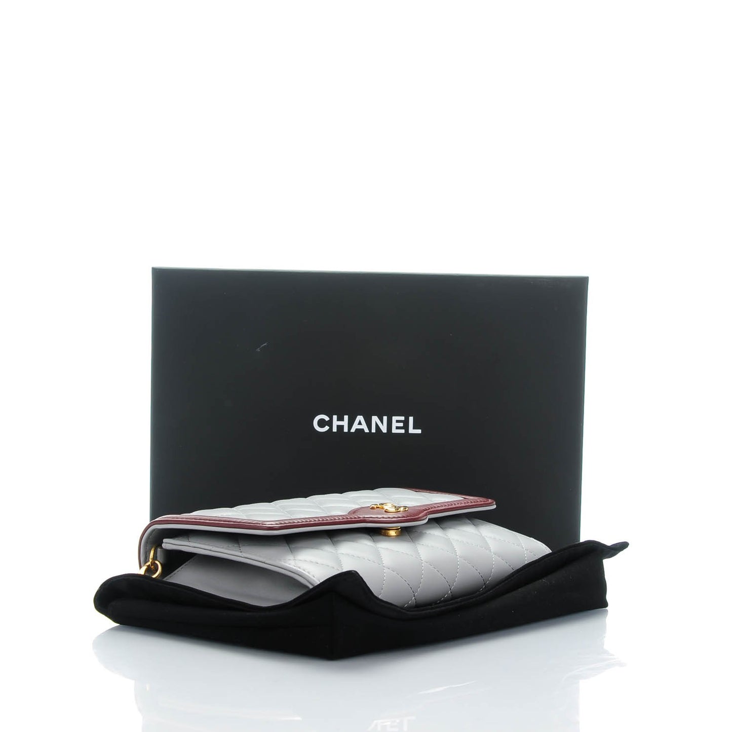 Lambskin Quilted Wallet With Removable Chain Grey Burgundy