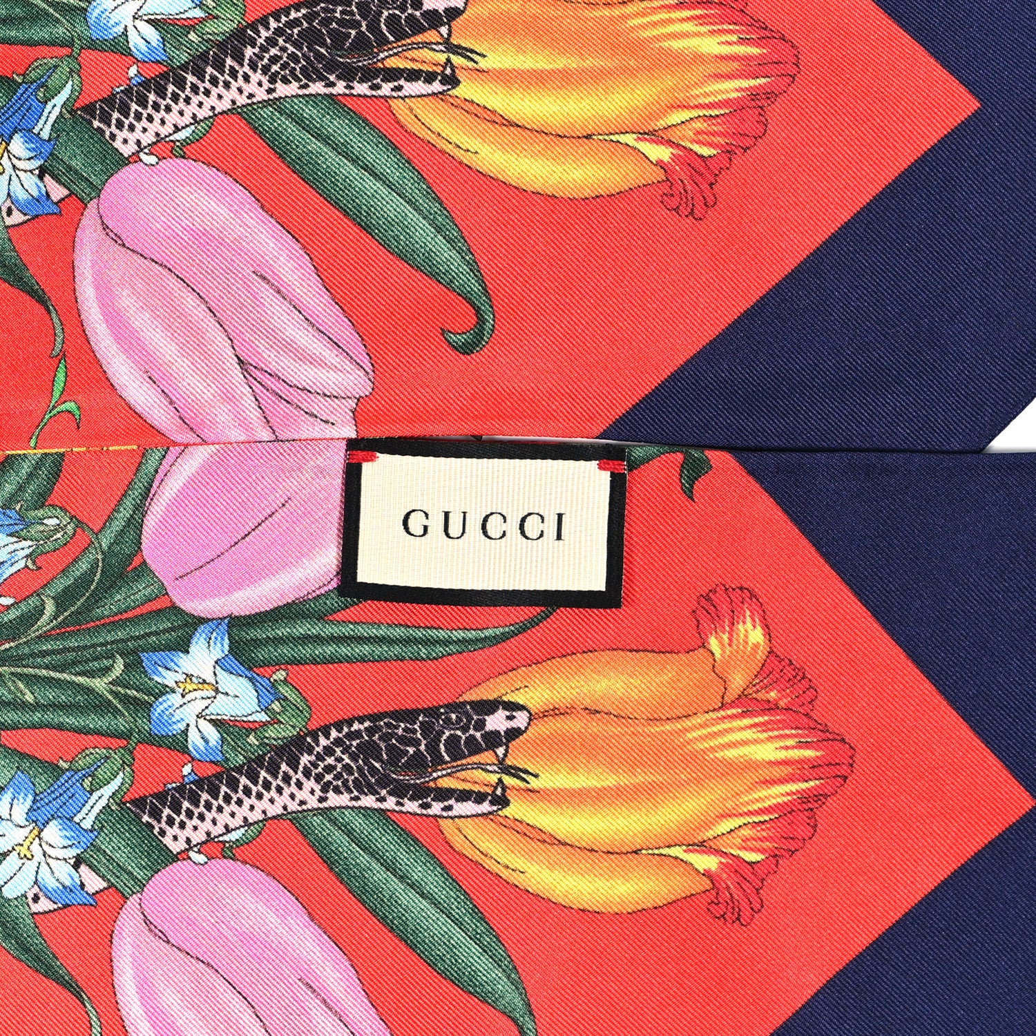 Gucci Silk Twill Flora Snake Neck Bow Scarf Red Blue 3 of 4