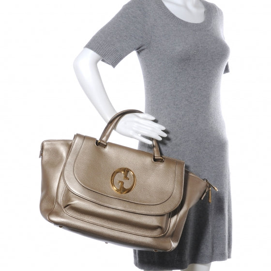 Metallic Pebbled Calfskin Medium 1973 Top Handle Satchel Golden Beige