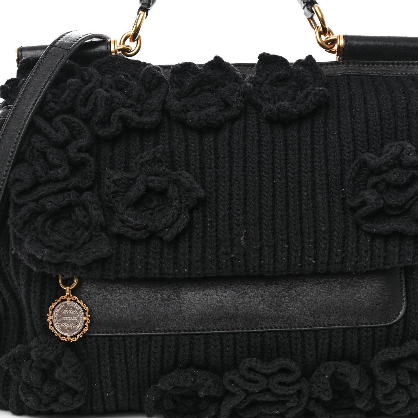 Calfskin Floral Knit Miss Sicily Satchel Black
