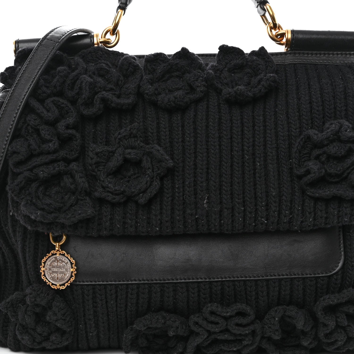Dolce & Gabbana Calfskin Floral Knit Miss Sicily Satchel Black 8 of 12