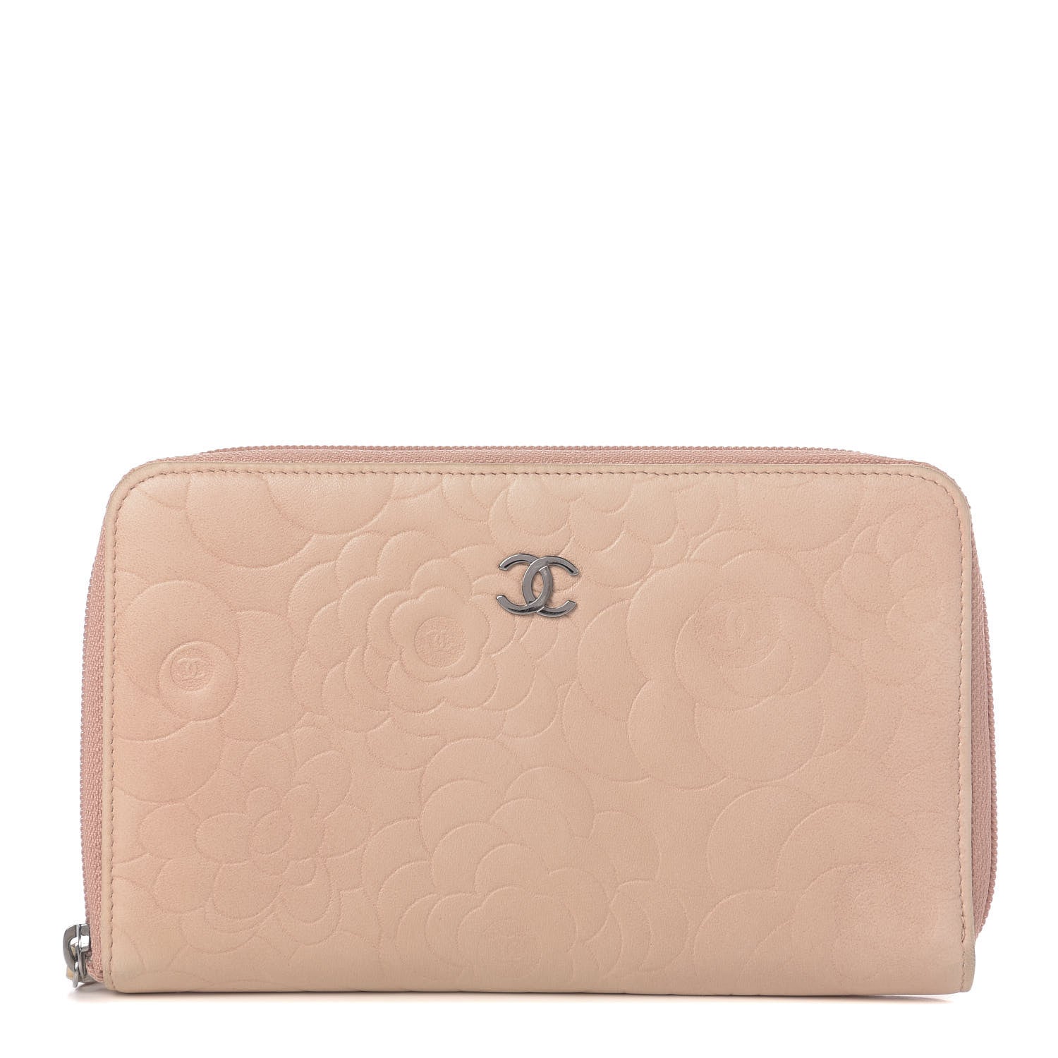 Chanel Lambskin Camellia Embossed Zip Around Organizer Wallet Pink 1 of 8