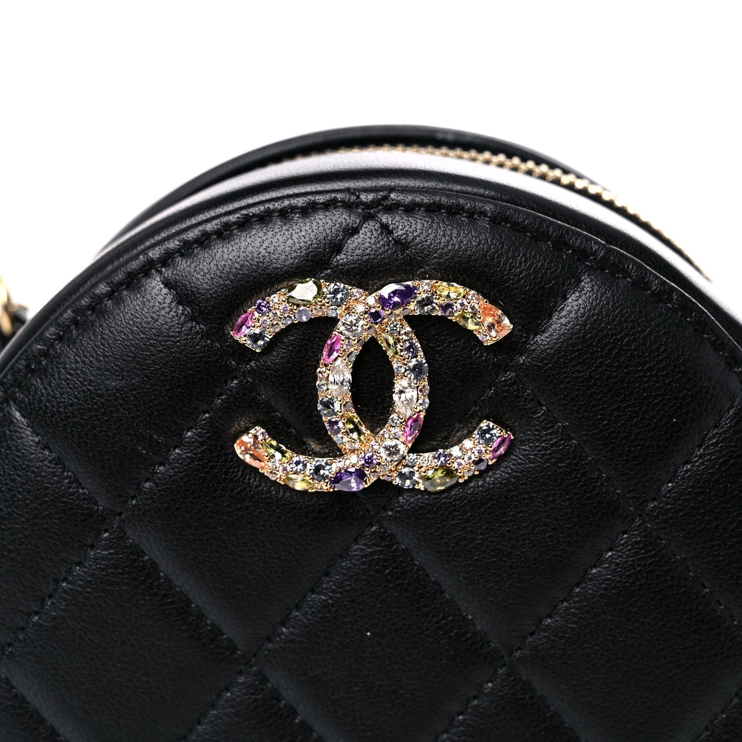Lambskin Quilted Zirconium Round Clutch With Chain Black
