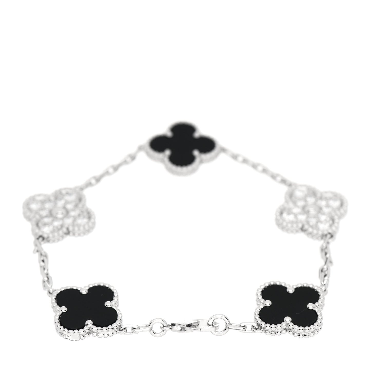 18K White Gold Diamond Black Onyx 5 Motifs Vintage Alhambra Bracelet