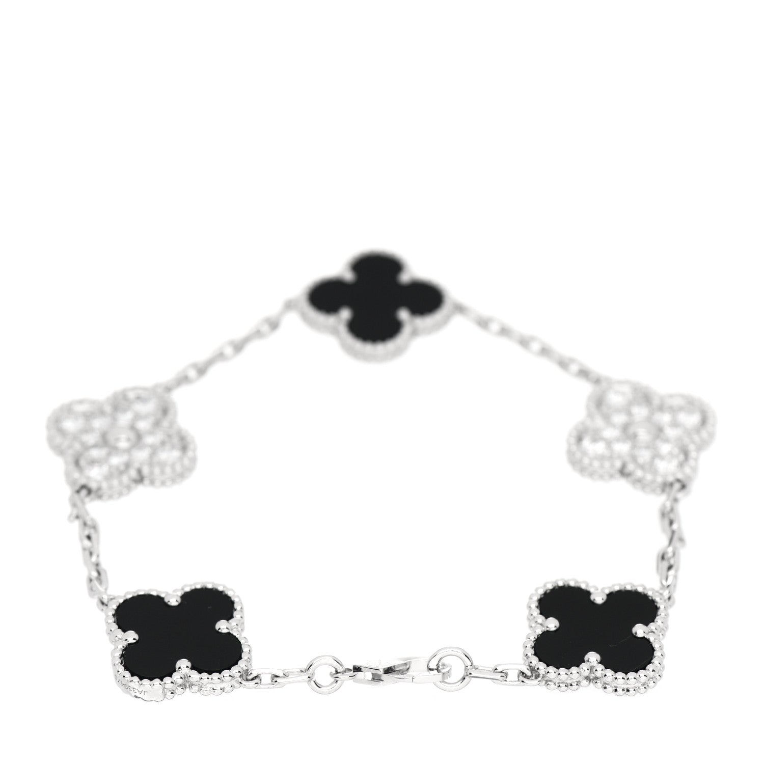 Van Cleef & Arpels 18K White Gold Diamond Black Onyx 5 Motifs Vintage Alhambra Bracelet 3 of 5