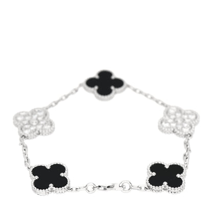 Van Cleef & Arpels 18K White Gold Diamond Black Onyx 5 Motifs Vintage Alhambra Bracelet 3 of 5