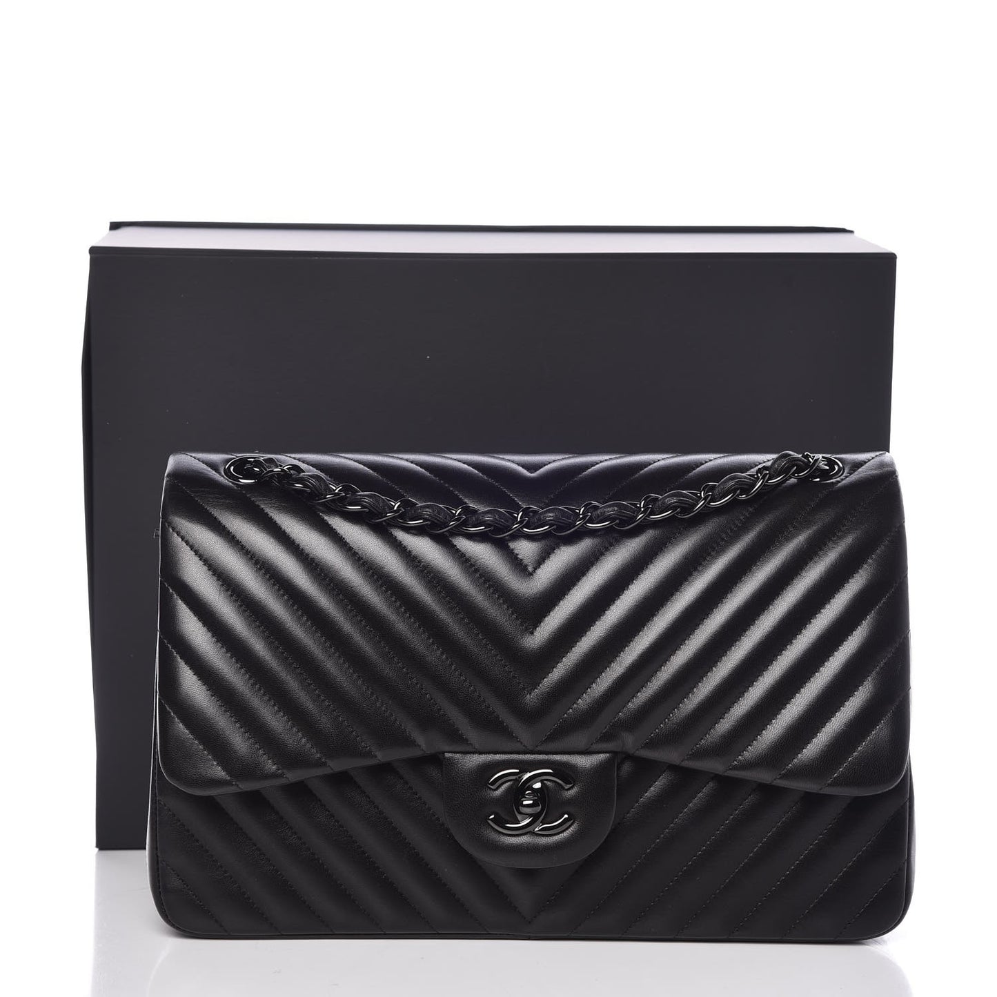 Lambskin Chevron Quilted Jumbo Double Flap So Black