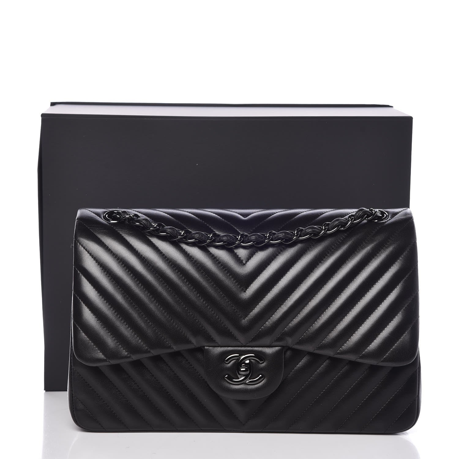 Chanel Lambskin Chevron Quilted Jumbo Double Flap So Black 9 of 9
