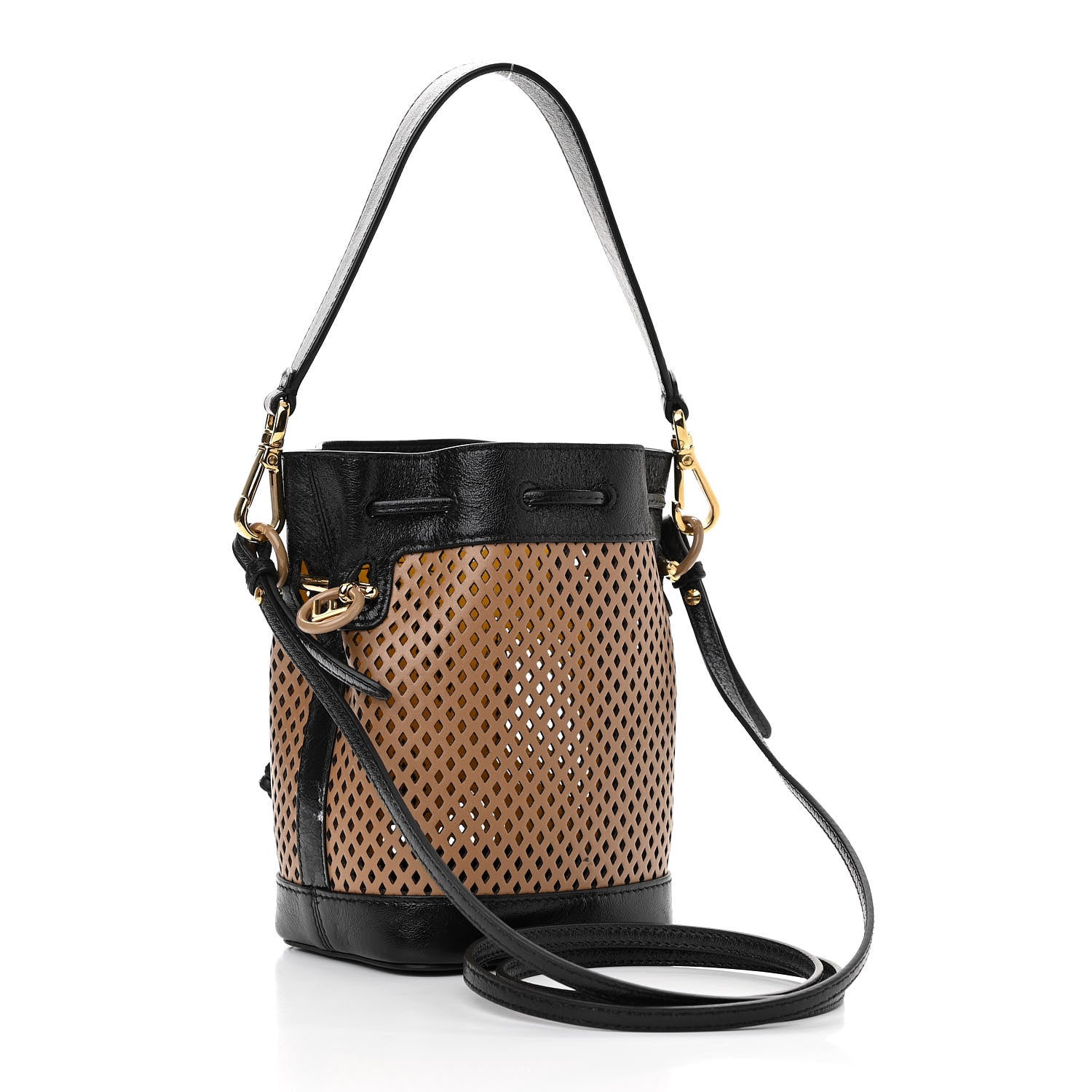 Fendi Vitello Liberty Glossy Lambskin F is Fendi Perforated Mini Mon Tresor Bucket Bag Sand Mimosa Black 3 of 13