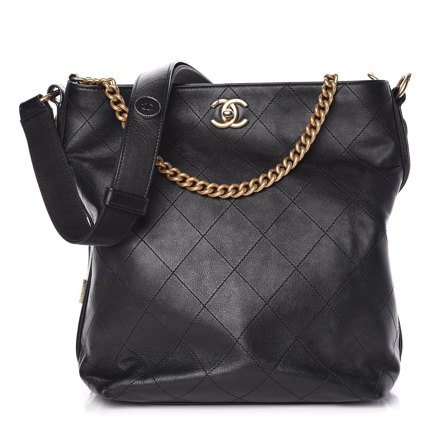 Calfskin Stitched Large Button Up Hobo Black