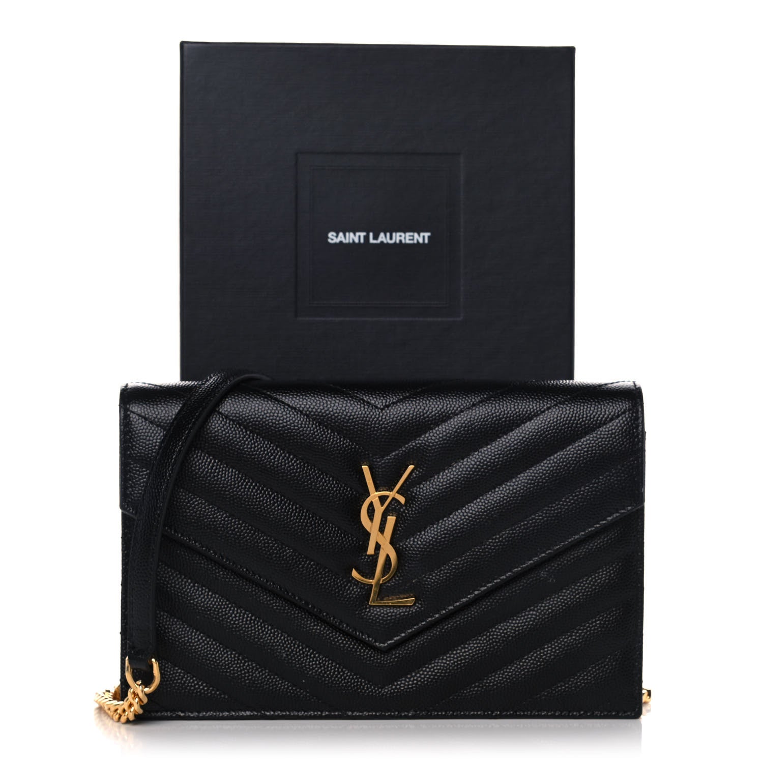 Saint Laurent Grain De Poudre Matelasse Chevron Monogram Envelope Chain Wallet Black 14 of 14