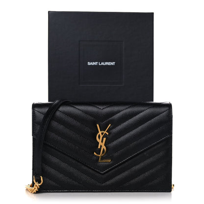 Saint Laurent Grain De Poudre Matelasse Chevron Monogram Envelope Chain Wallet Black 14 of 14