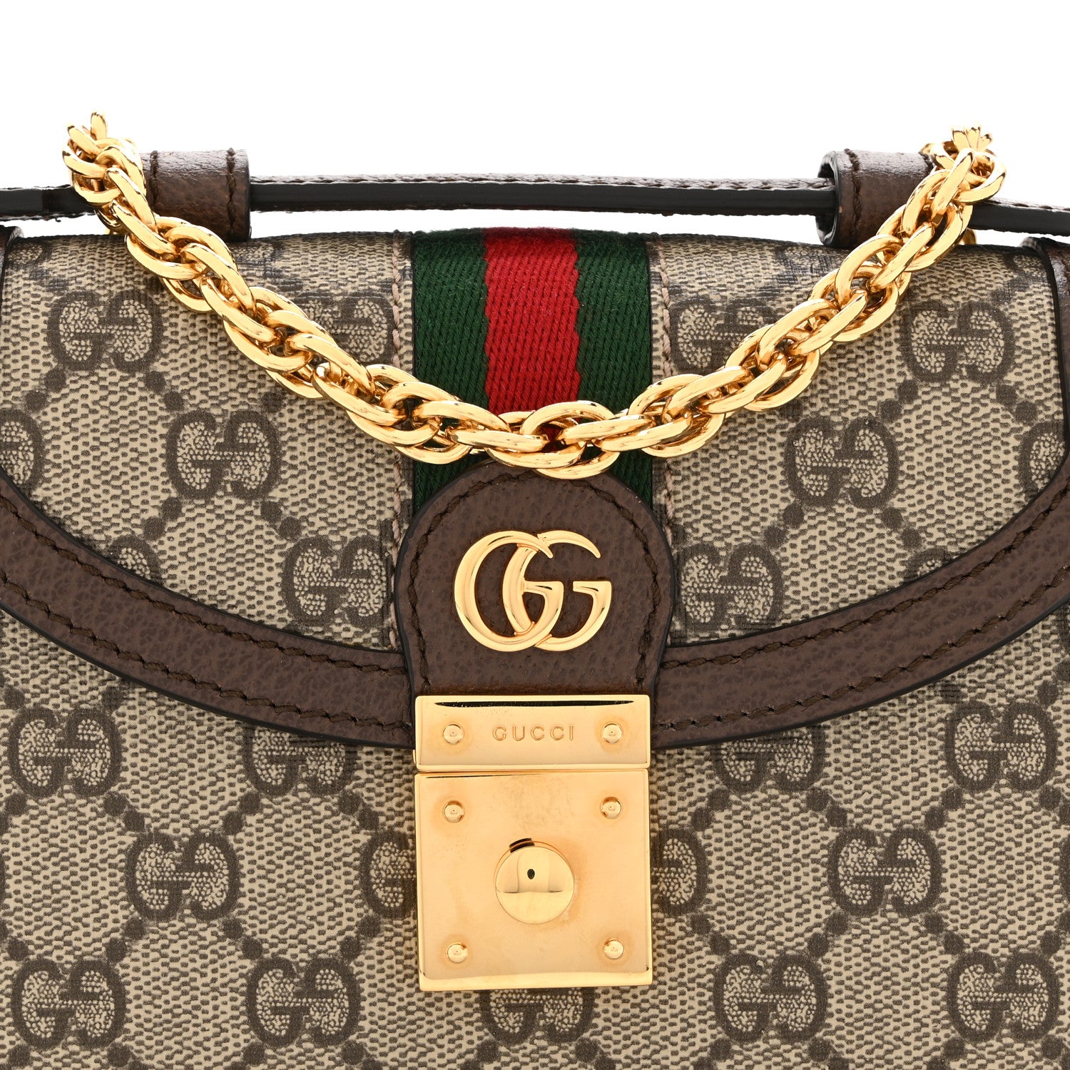 Gucci GG Supreme Monogram Textured Dollar Calfskin Web Mini Ophidia Padlock Top Handle Chain Shoulder Bag Beige Ebony New Acero 8 of 10