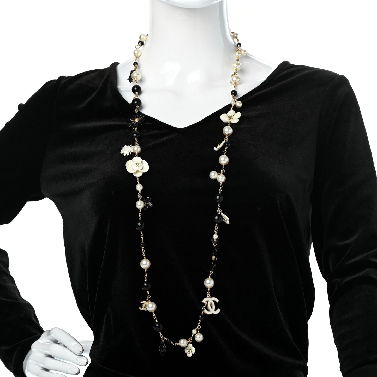 Pearl Camellia CC Long Necklace Gold Black