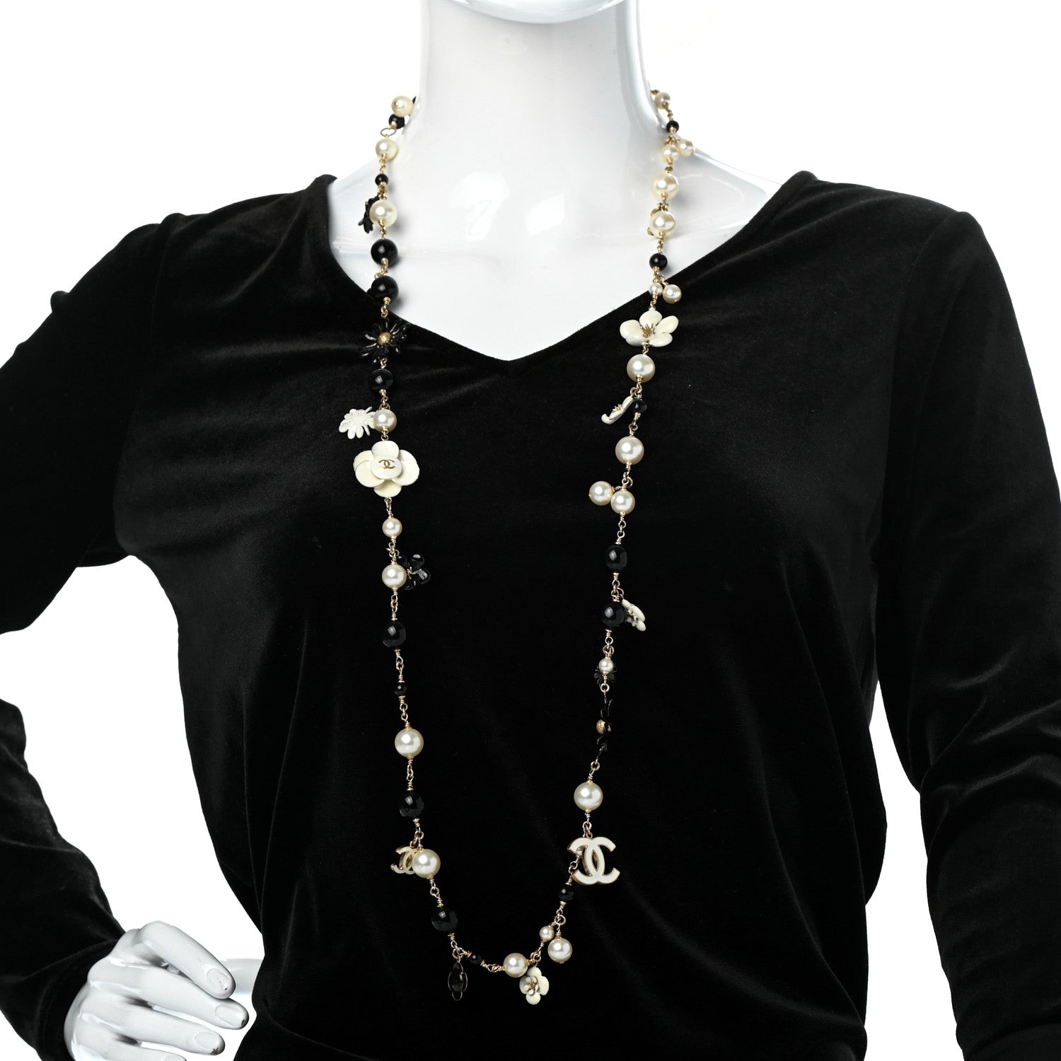 Chanel Pearl Camellia CC Long Necklace Gold Black 2 of 5