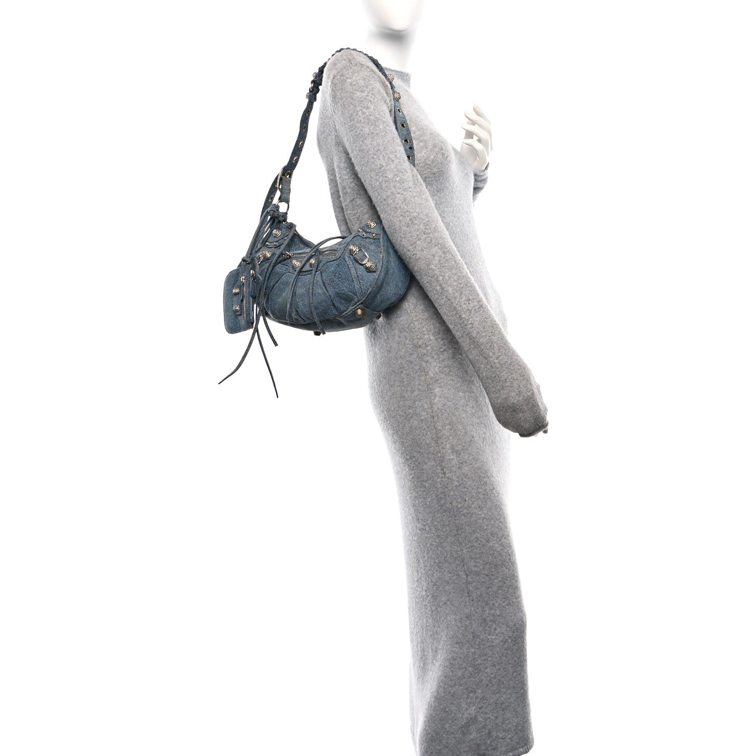 Balenciaga Washed Frayed Denim Crystal Small Le Cagole Shoulder Bag Blue 2 of 18