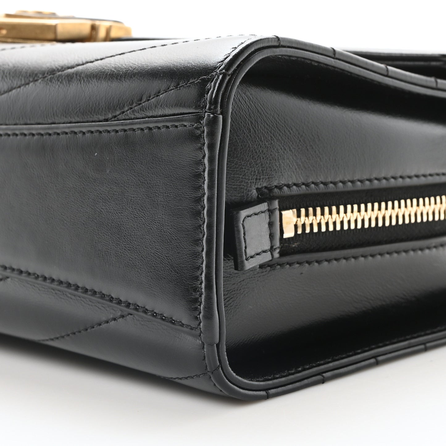 Calfskin Chevron Quilted Medal Flap Black