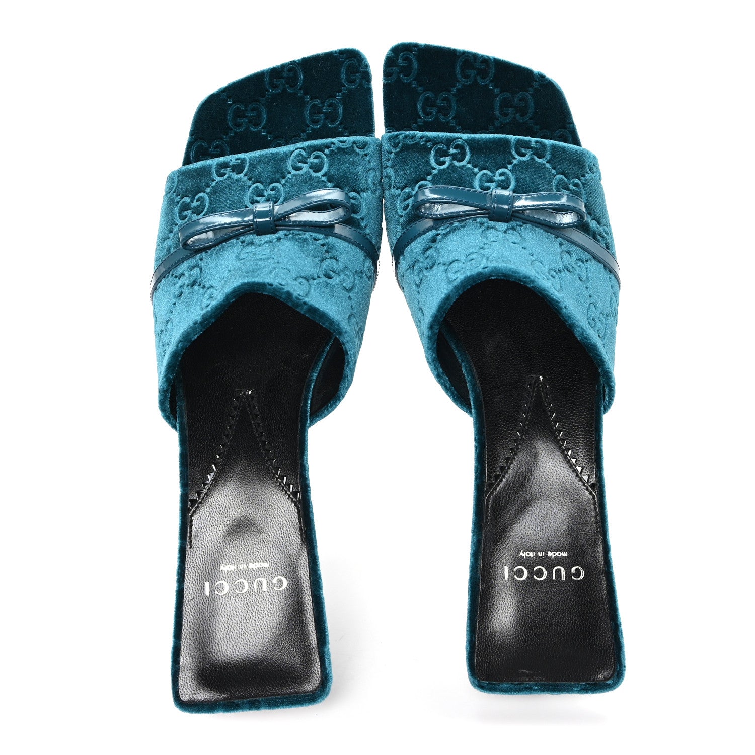 Gucci New Velvet Ashmir Regent Calfskin GG Monogram Square Toe Bow 45mm Slide Sandals Peacock Blue 39.5 2 of 9