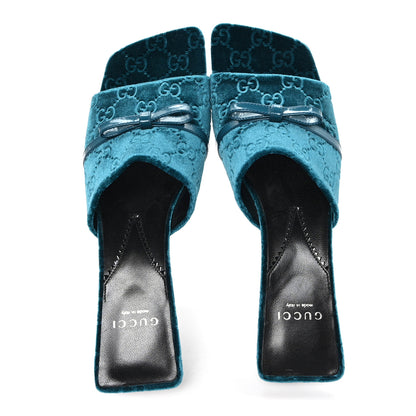 Gucci New Velvet Ashmir Regent Calfskin GG Monogram Square Toe Bow 45mm Slide Sandals Peacock Blue 39.5 2 of 9