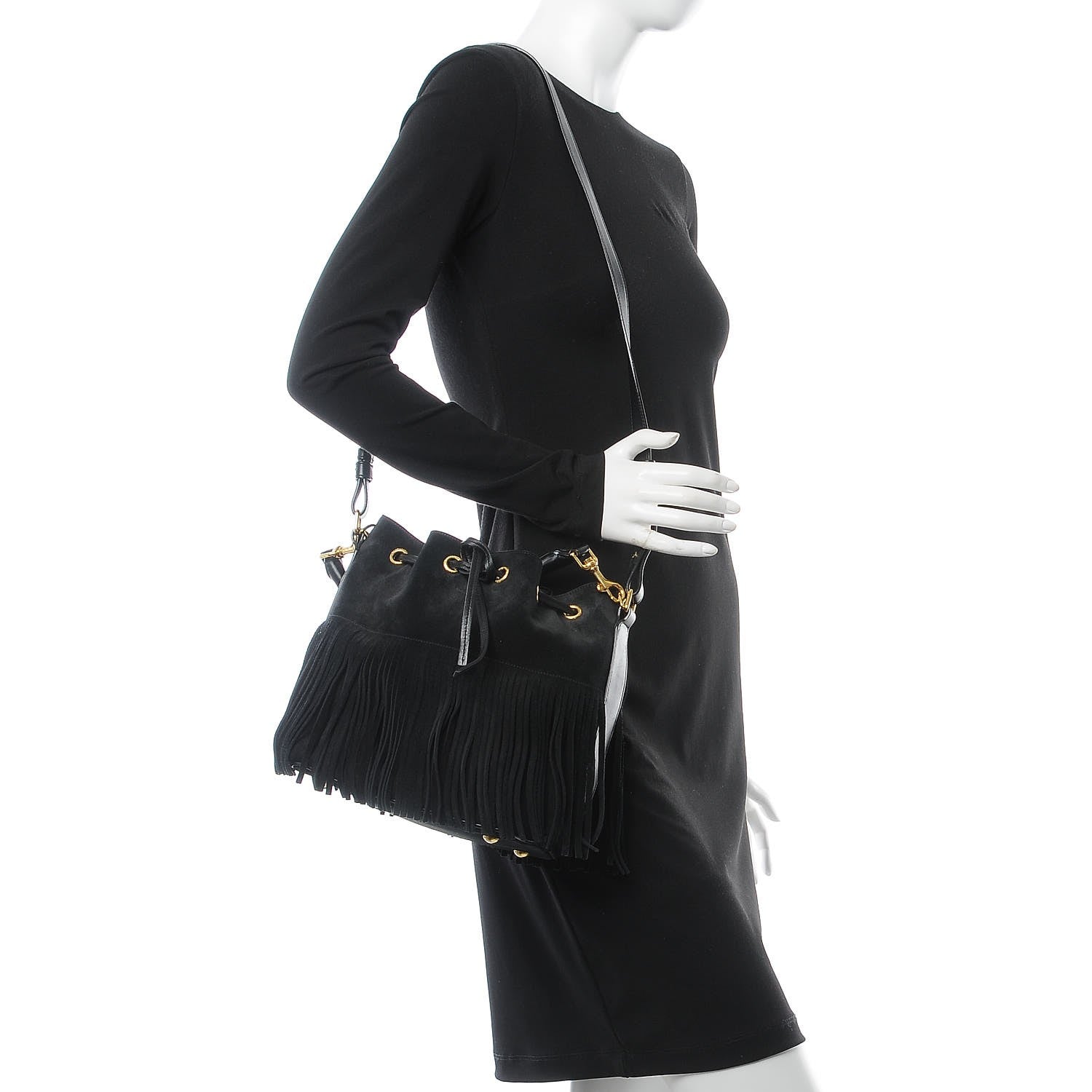 Saint Laurent Suede Calfskin Small Emmanuelle Fringe Bucket Bag Black 2 of 7