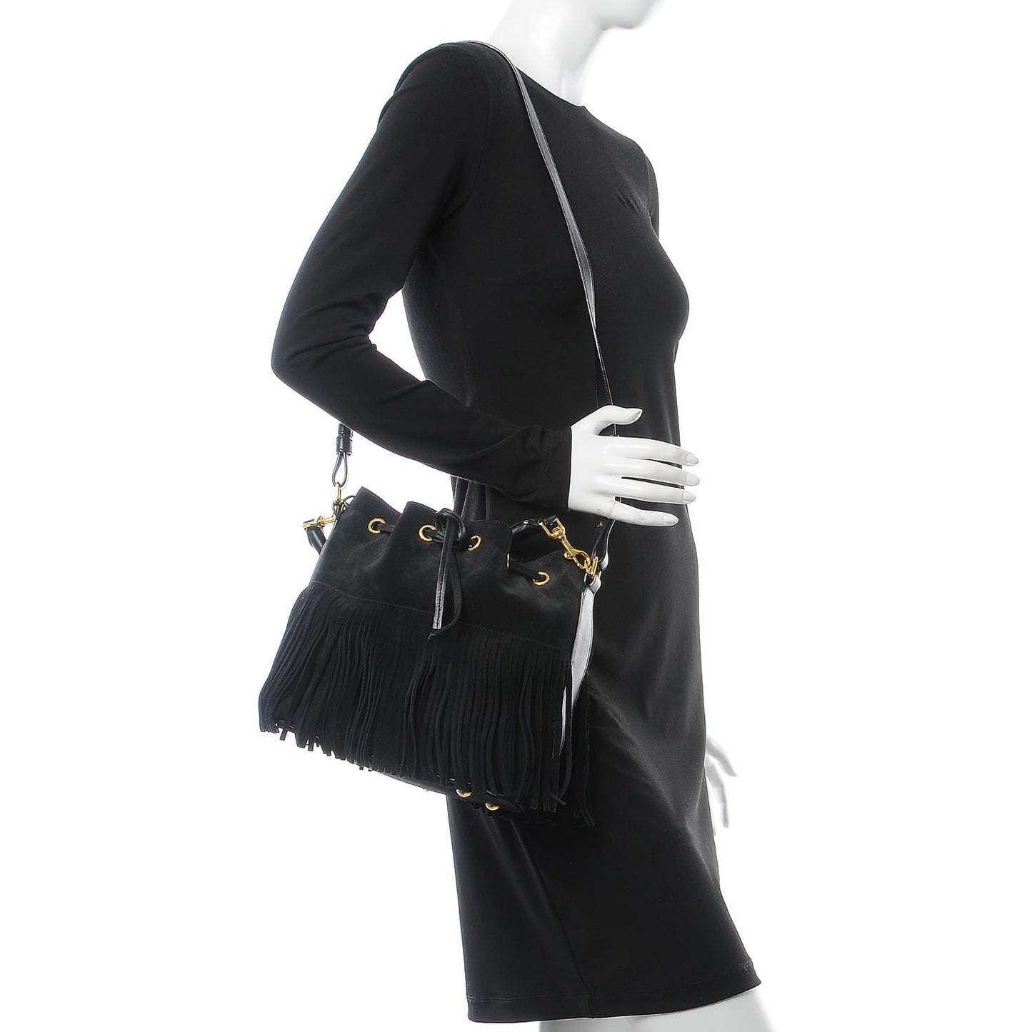 Suede Calfskin Small Emmanuelle Fringe Bucket Bag Black