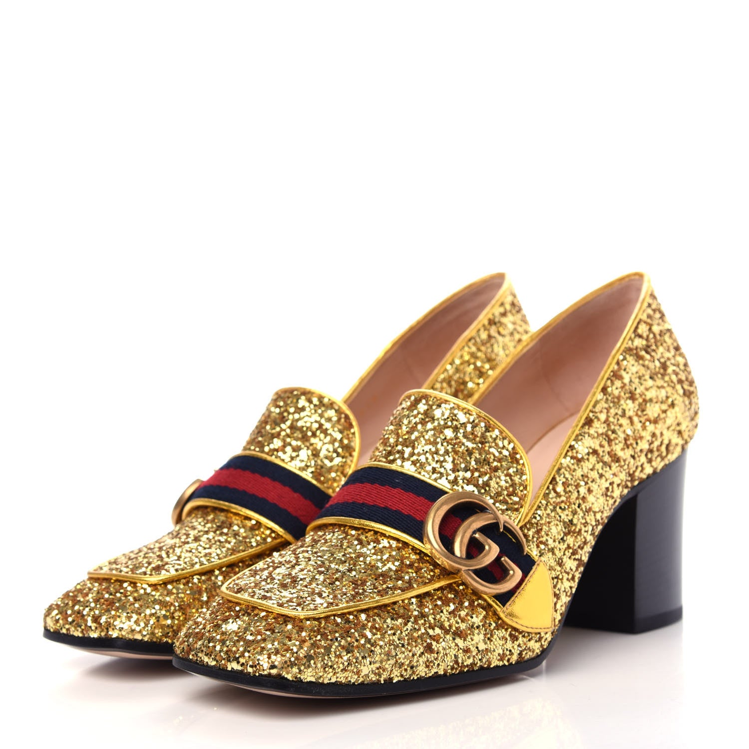 Gucci Glitter Nappa Web Peyton 75mm Loafer Pumps 38.5 Oro Vecchio 3 of 11