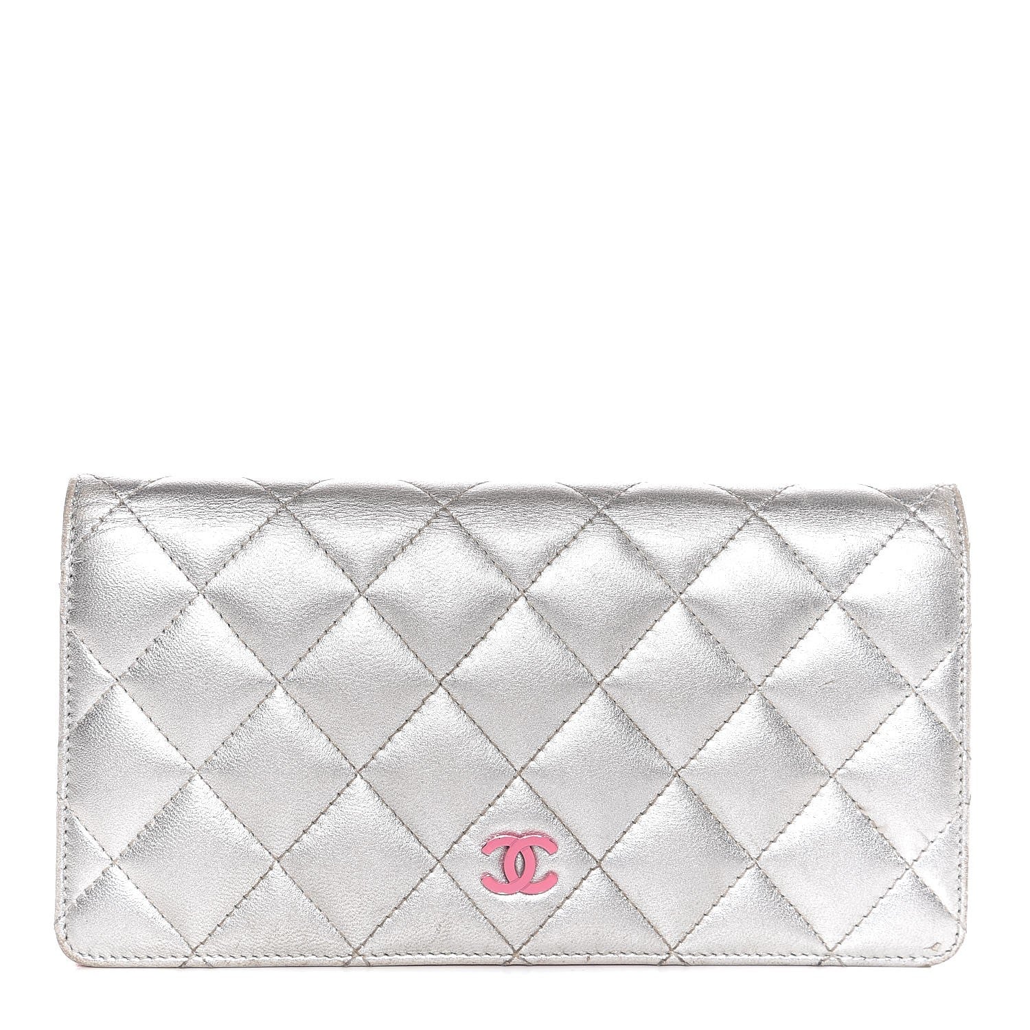 Chanel Metallic Lambskin Quilted Yen Wallet Silver Pink 1 of 13