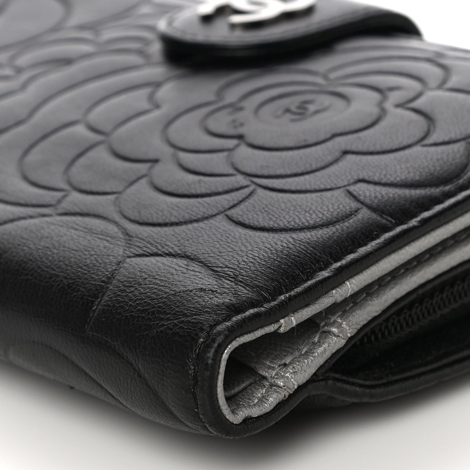 Chanel Lambskin Camellia Embossed Zipped Pocket Wallet Black 9 of 20