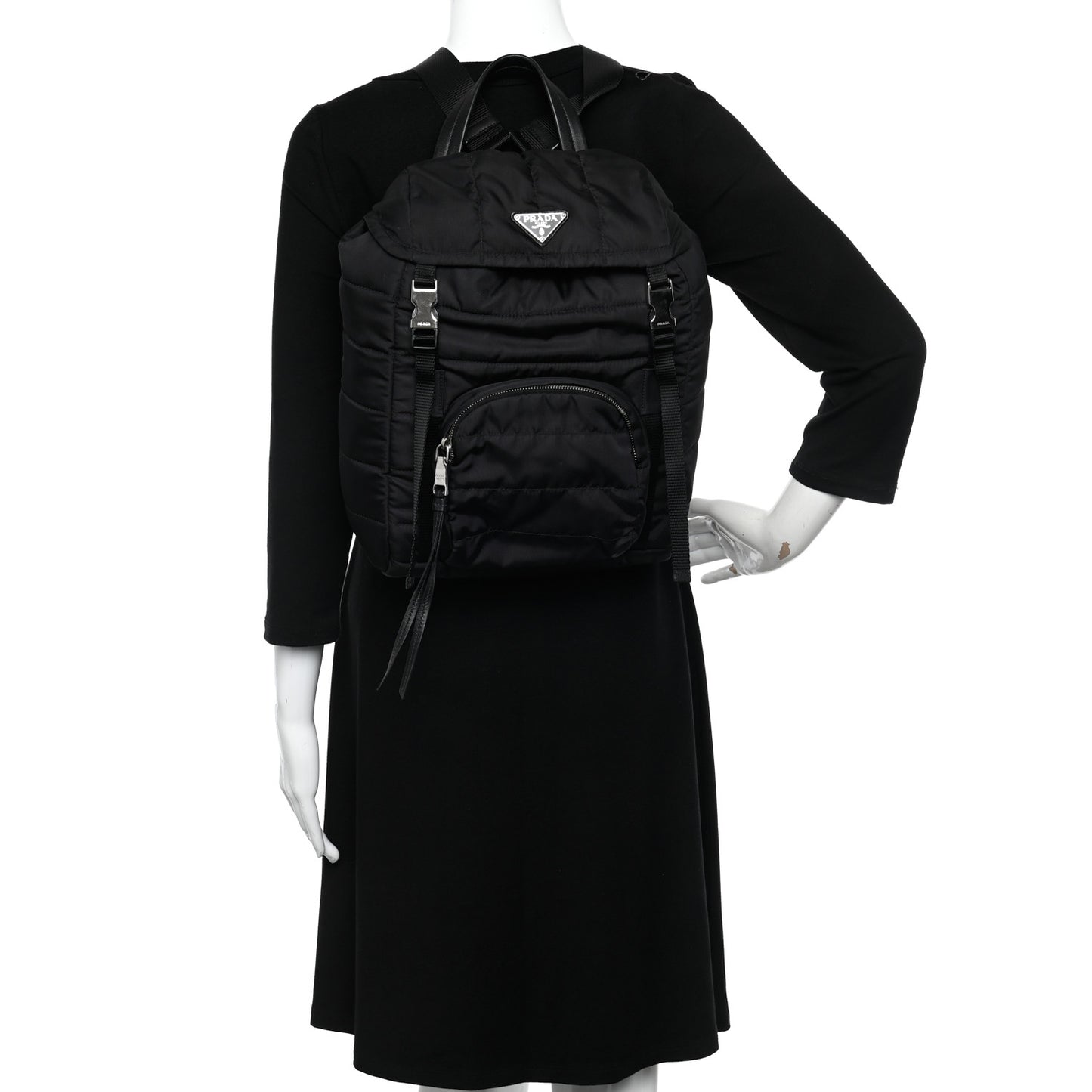 Tessuto Nylon Quilted Double Buckle Backpack Black