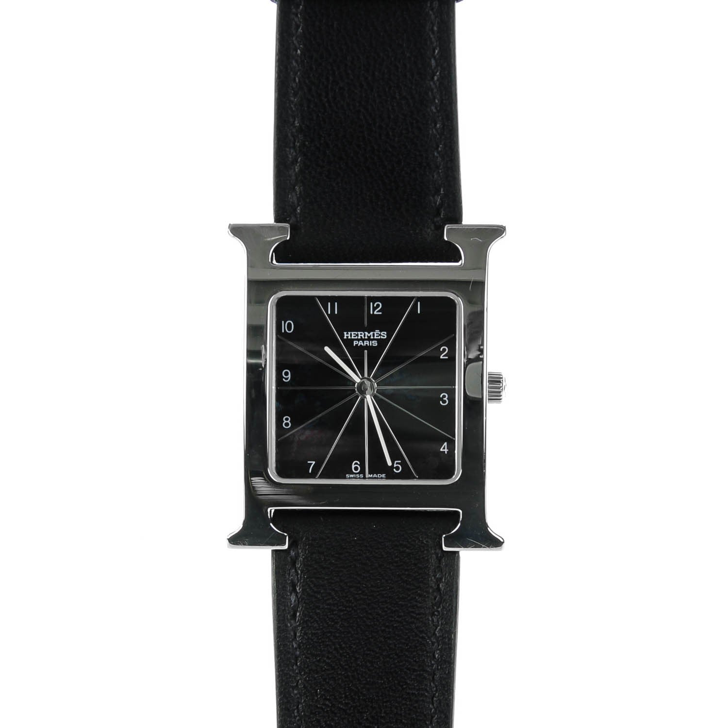 Hermes Stainless Steel Barenia Lacquer 26mm Heure H Hour Quartz Watch Noir 1 of 10
