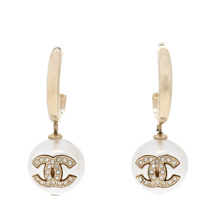 Chanel Pearl Crystal CC Drop Earrings Gold Pearly White 1 of 5
