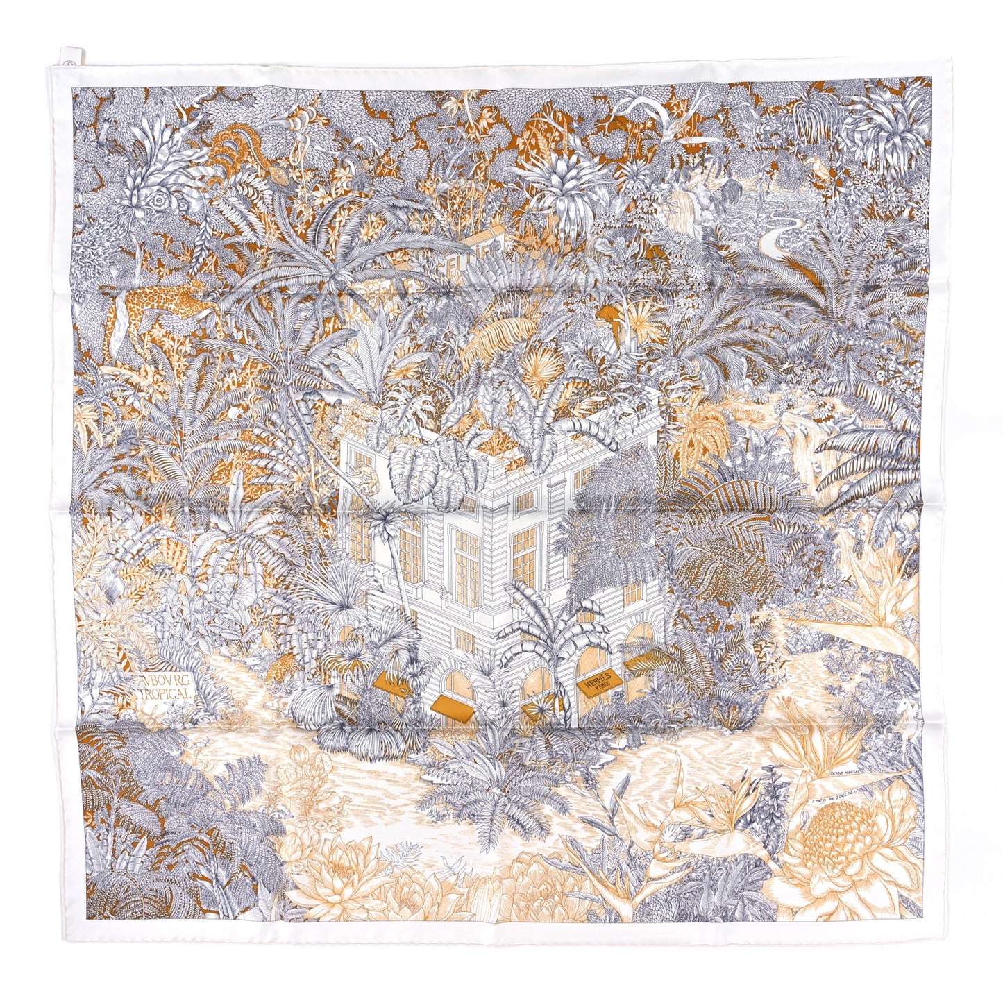 Silk Faubourg Tropical Scarf 90 Sepia White Caramel
