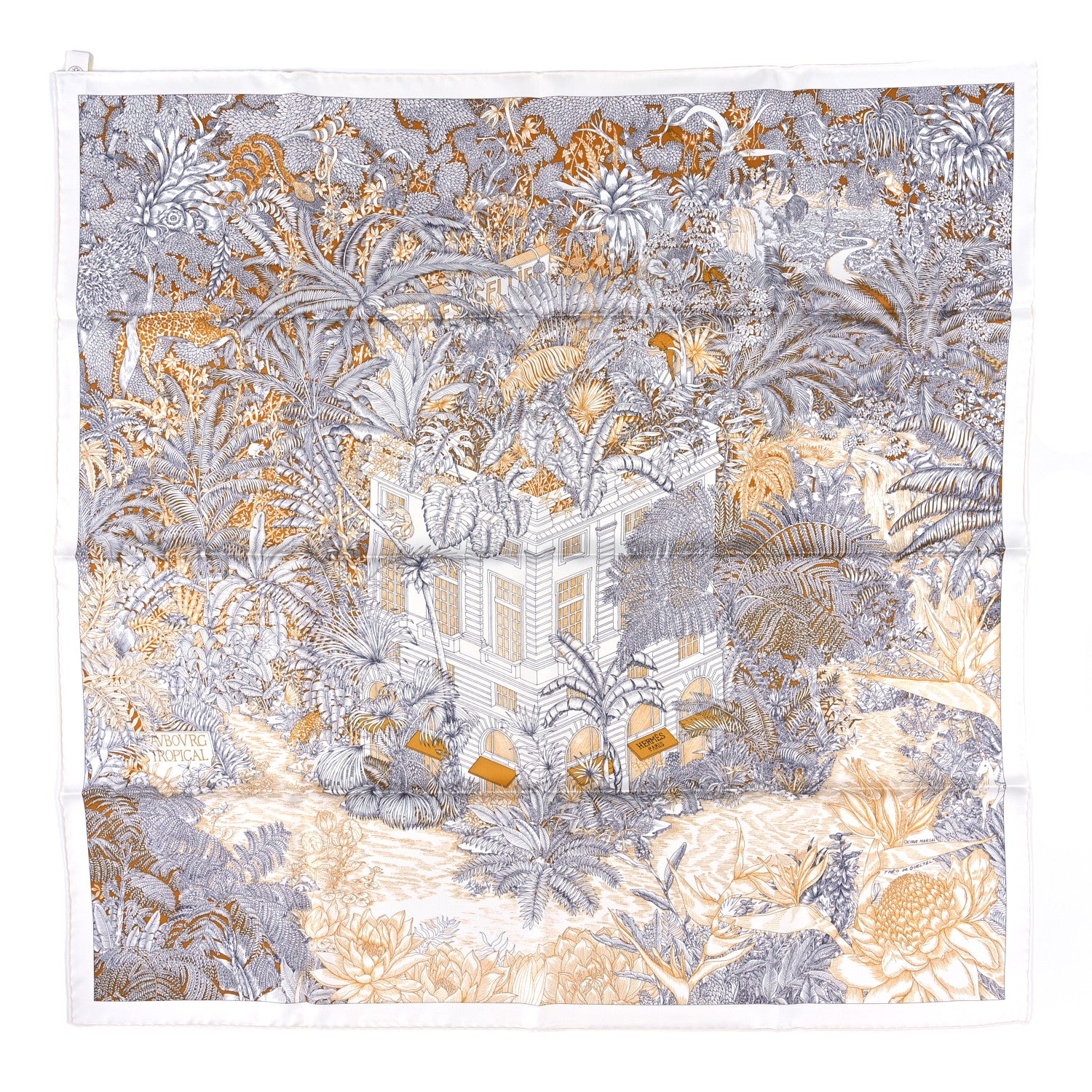 Hermes Silk Faubourg Tropical Scarf 90 Sepia White Caramel 1 of 5