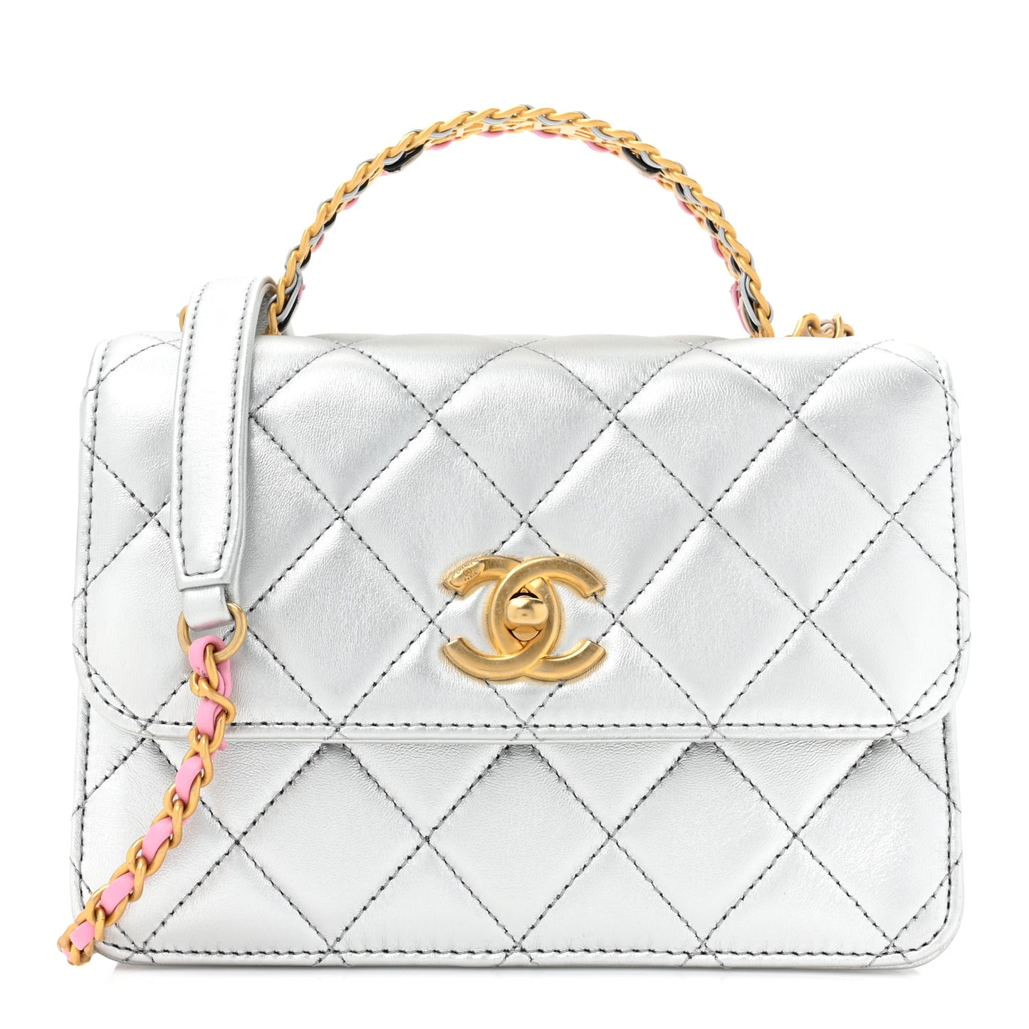 Metallic Calfskin Quilted Mini Metal Top Handle Flap Silver
