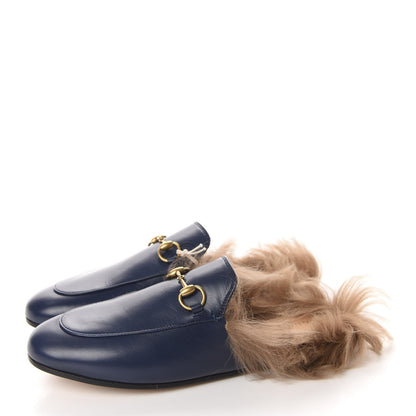 Gucci Malaga Kid Fur Womens Princetown Slippers 37.5 Blue Agata 3 of 9
