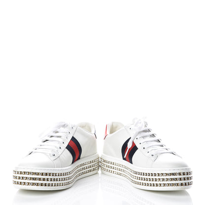 Gucci Calfskin Crystal Web LOVED Embroidered Womens Ace Platform Sneakers 37 White Red Flame Notte 6 of 12