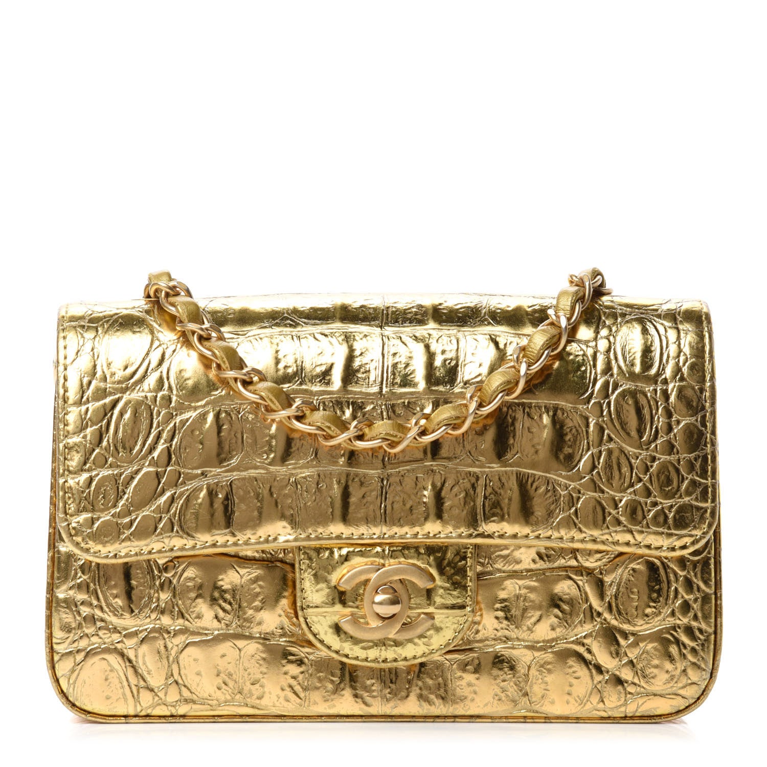 Chanel Metallic Calfskin Crocodile Embossed Cocodile Rectangular Mini Flap Gold 1 of 11