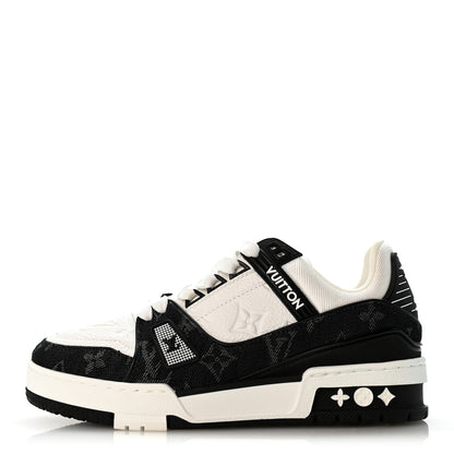 Louis Vuitton Calfskin Embossed Monogram Denim Womens LV Trainer Sneakers 35 Black 1 of 9