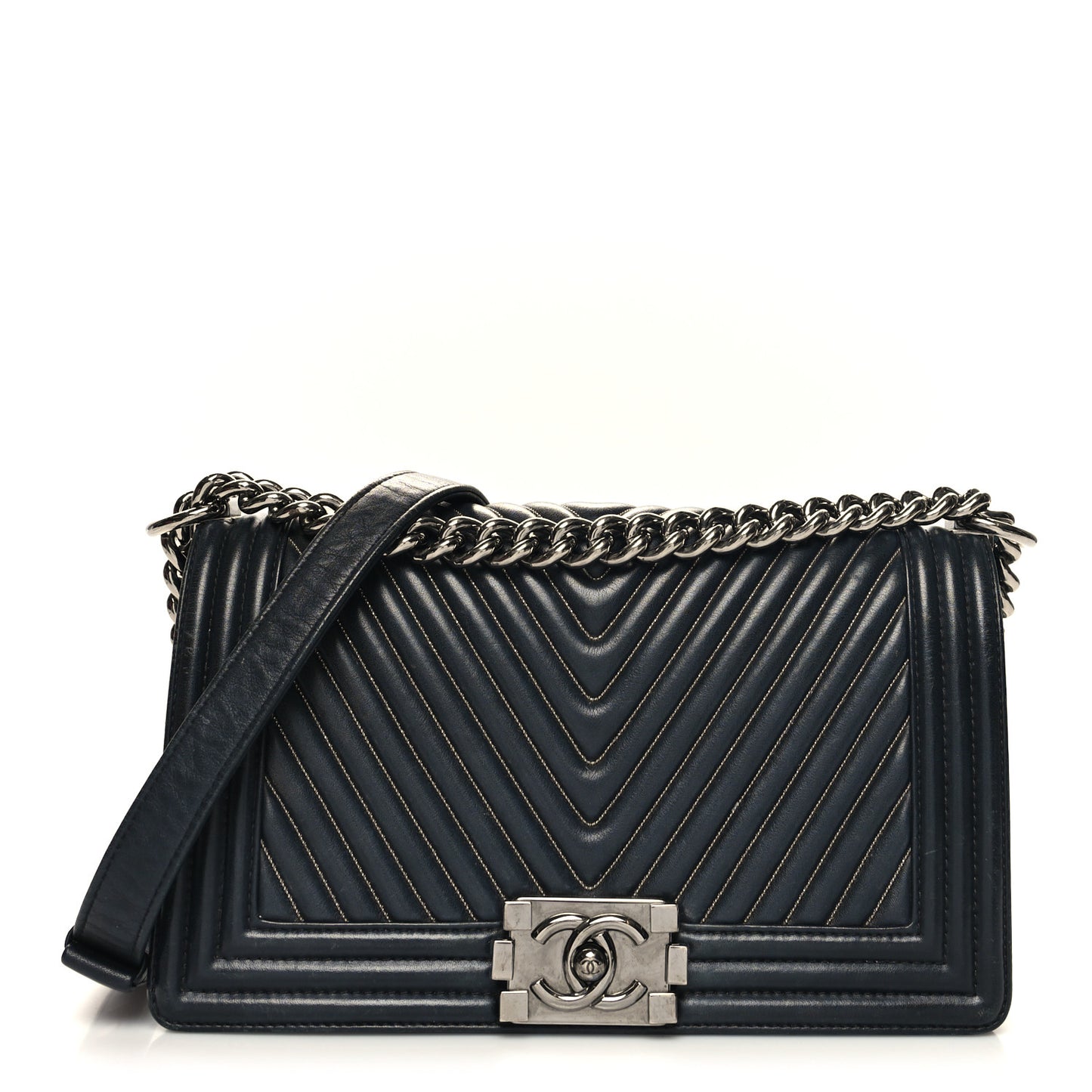 Calfskin Chevron Quilted Medium Chain Boy Flap Navy