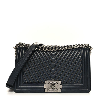 Chanel Calfskin Chevron Quilted Medium Chain Boy Flap Navy 1 of 12