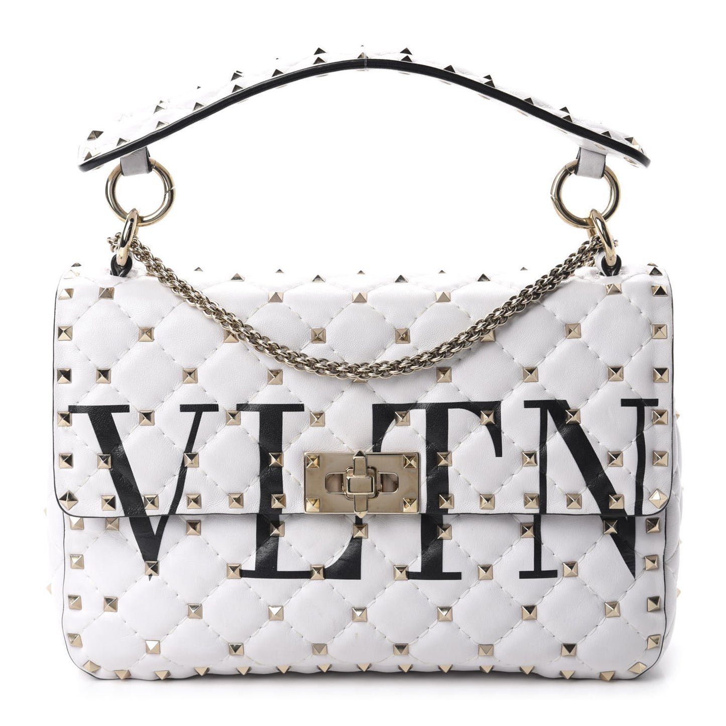 Lambskin VLTN Print Medium Rockstud Spike Shoulder Bag Optic White Black