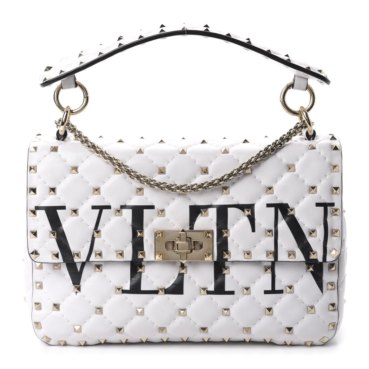 Valentino Garavani Lambskin VLTN Print Medium Rockstud Spike Shoulder Bag Optic White Black 1 of 11