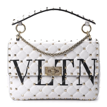 Valentino Garavani Lambskin VLTN Print Medium Rockstud Spike Shoulder Bag Optic White Black 1 of 11