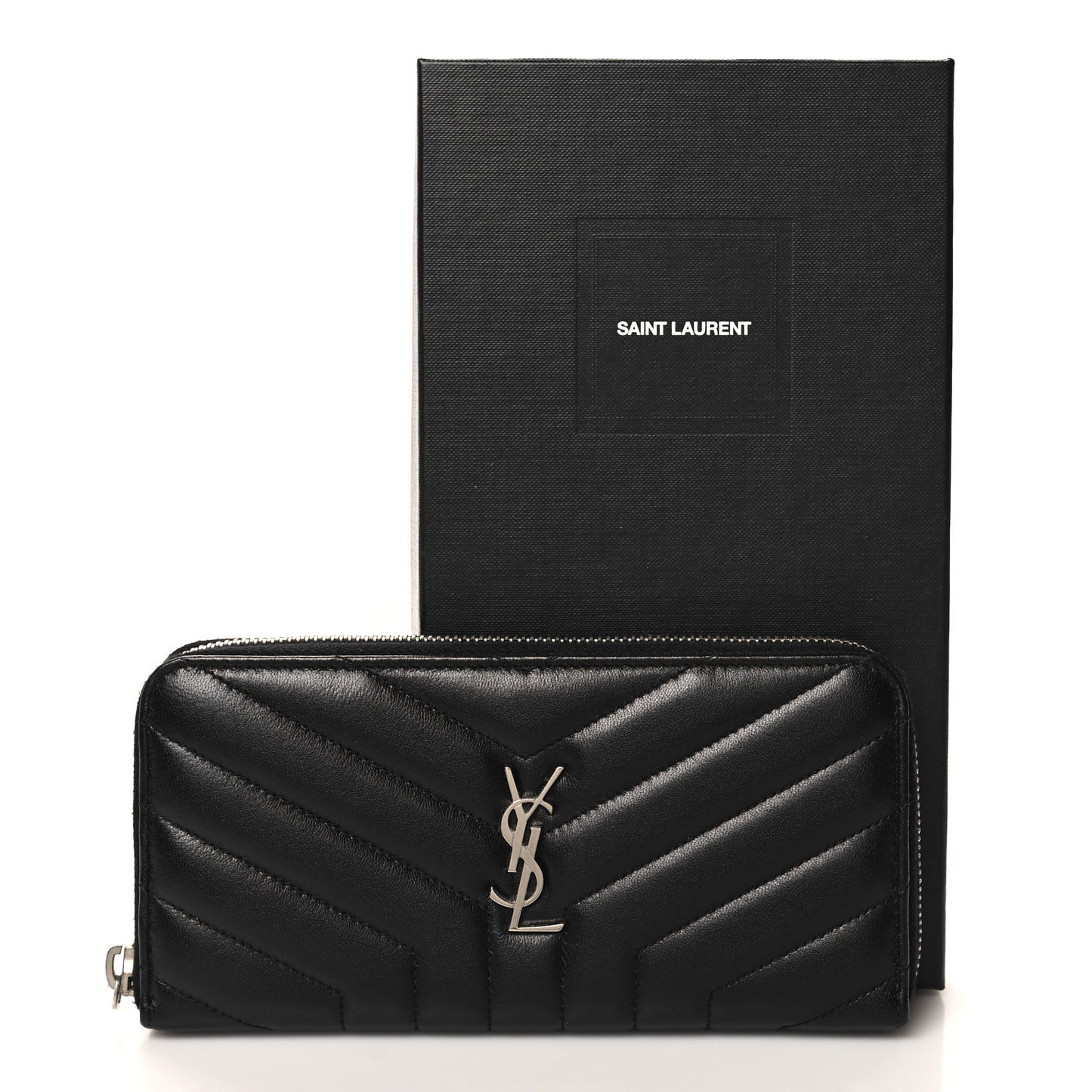 Calfskin Matelasse Chevron Monogram Zip Around Wallet Black