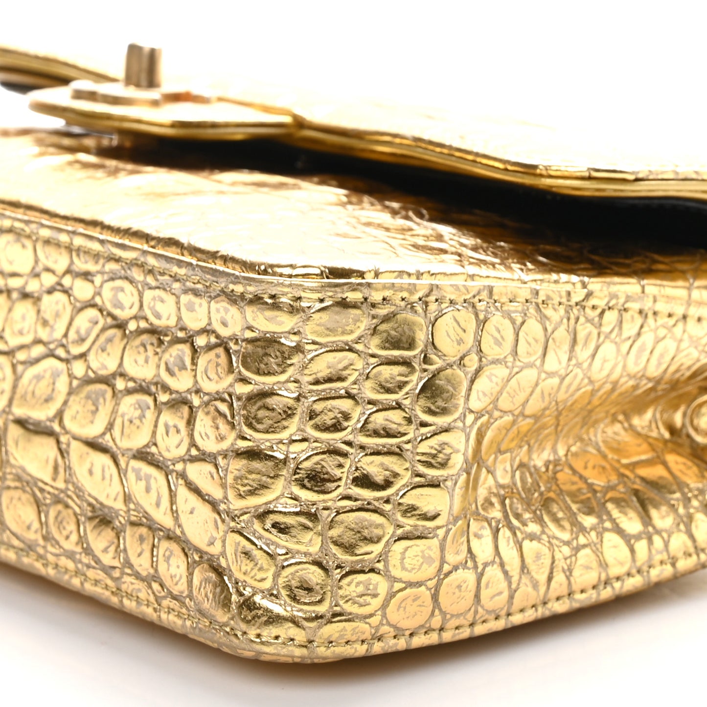 Metallic Calfskin Crocodile Embossed Cocodile Rectangular Mini Flap Gold
