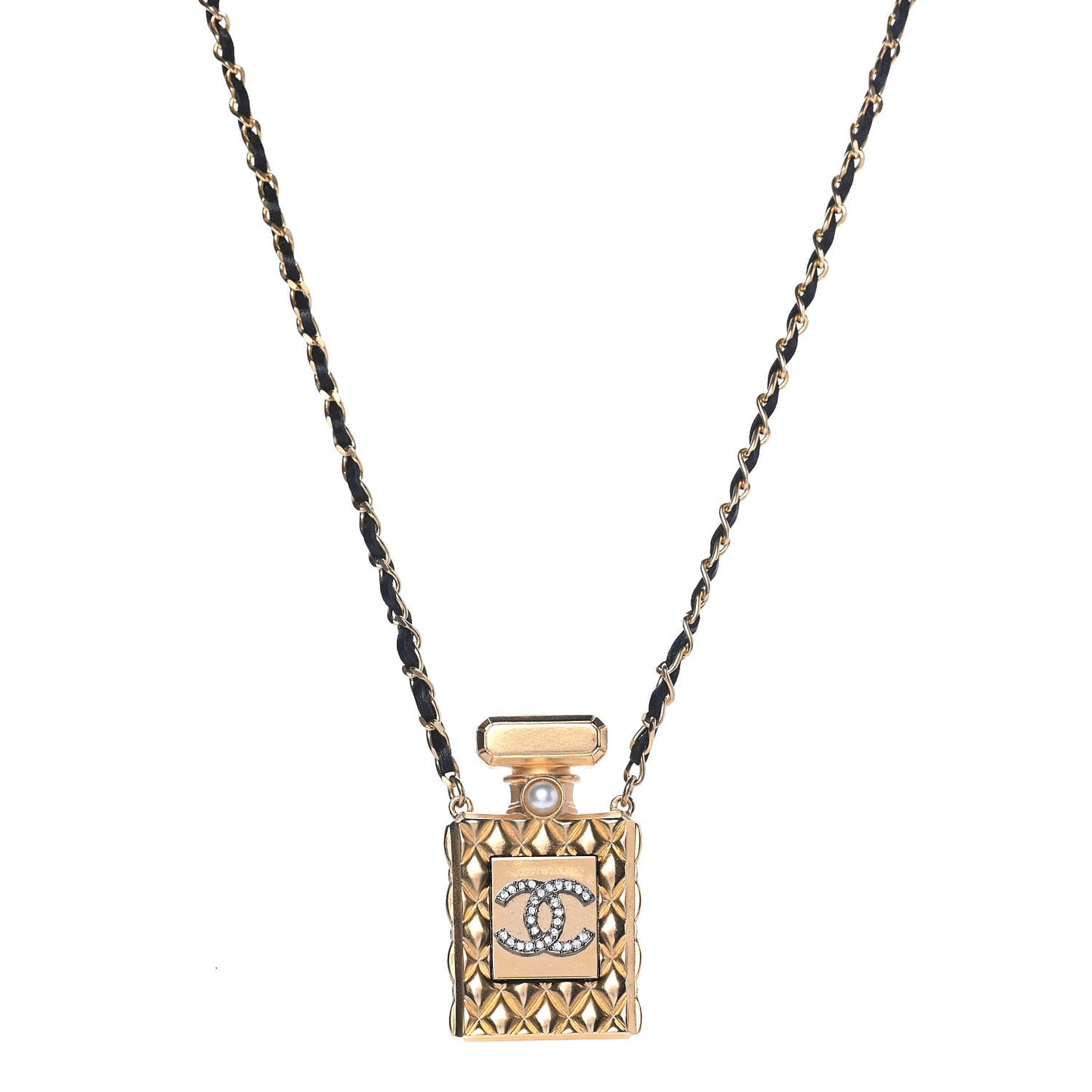 Crystal Pearl Perfume Bottle CC Necklace Black Gold