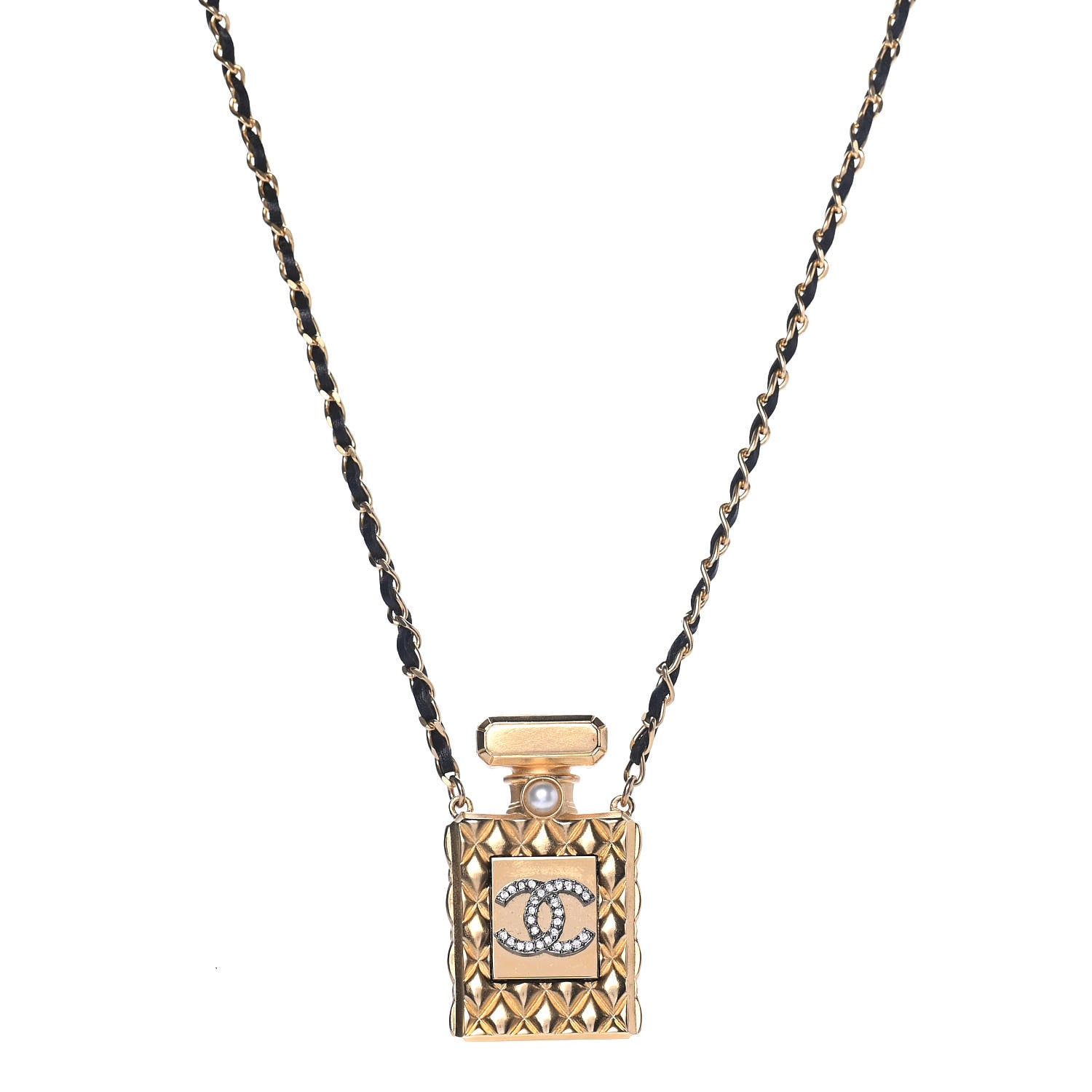 Chanel Crystal Pearl Perfume Bottle CC Necklace Black Gold 1 of 4