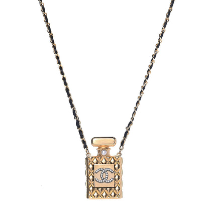 Chanel Crystal Pearl Perfume Bottle CC Necklace Black Gold 1 of 4