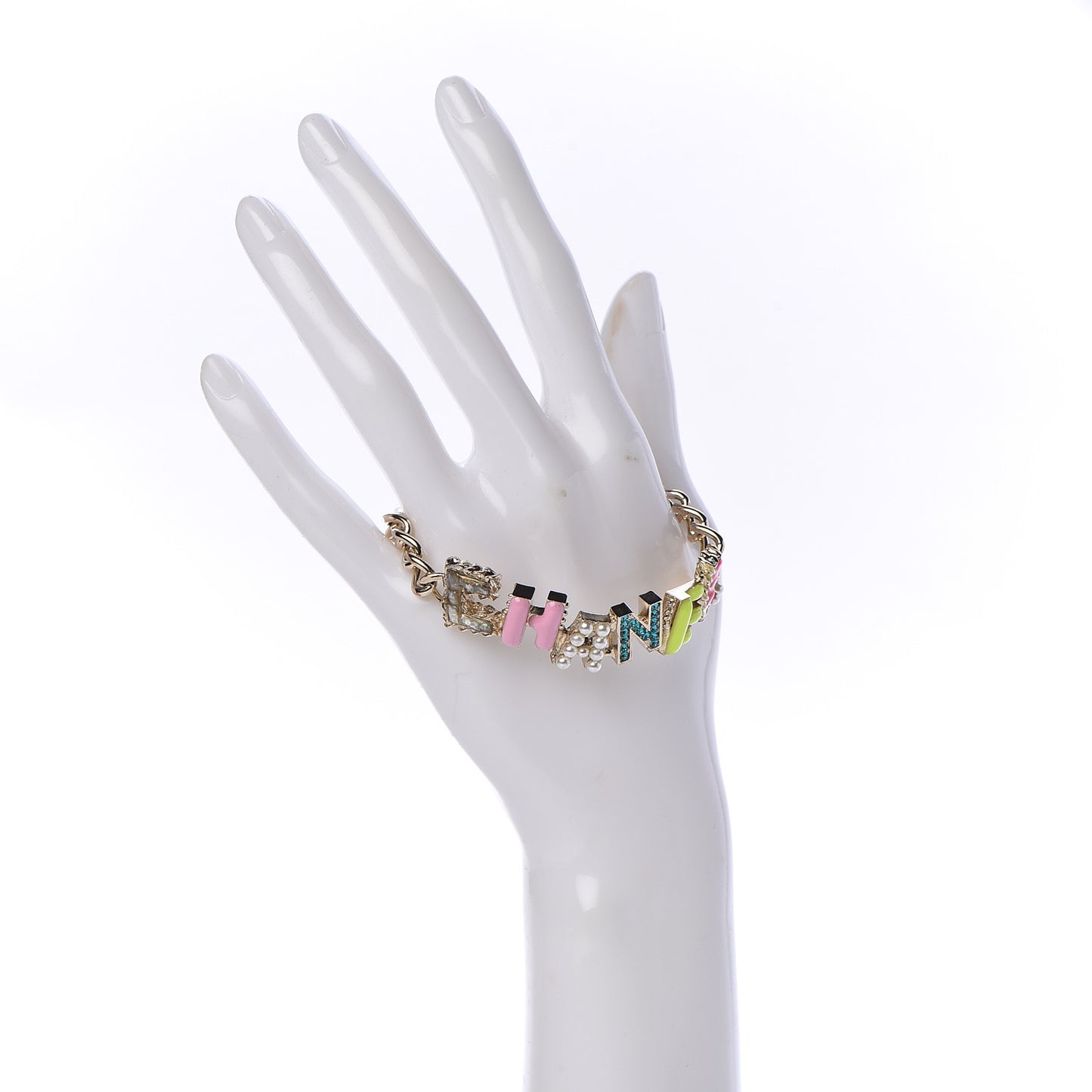 Metal Strass Enamel Pearl Logo Bracelet Gold Multicolor